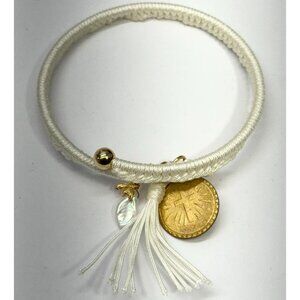Vintage white cross glass leaf charm tassel bracelet bangle
